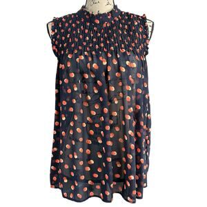 Maeve Top Women Sz 12 Sheer Navy Blue Orange Polka Dots Smocked High Neck Blouse